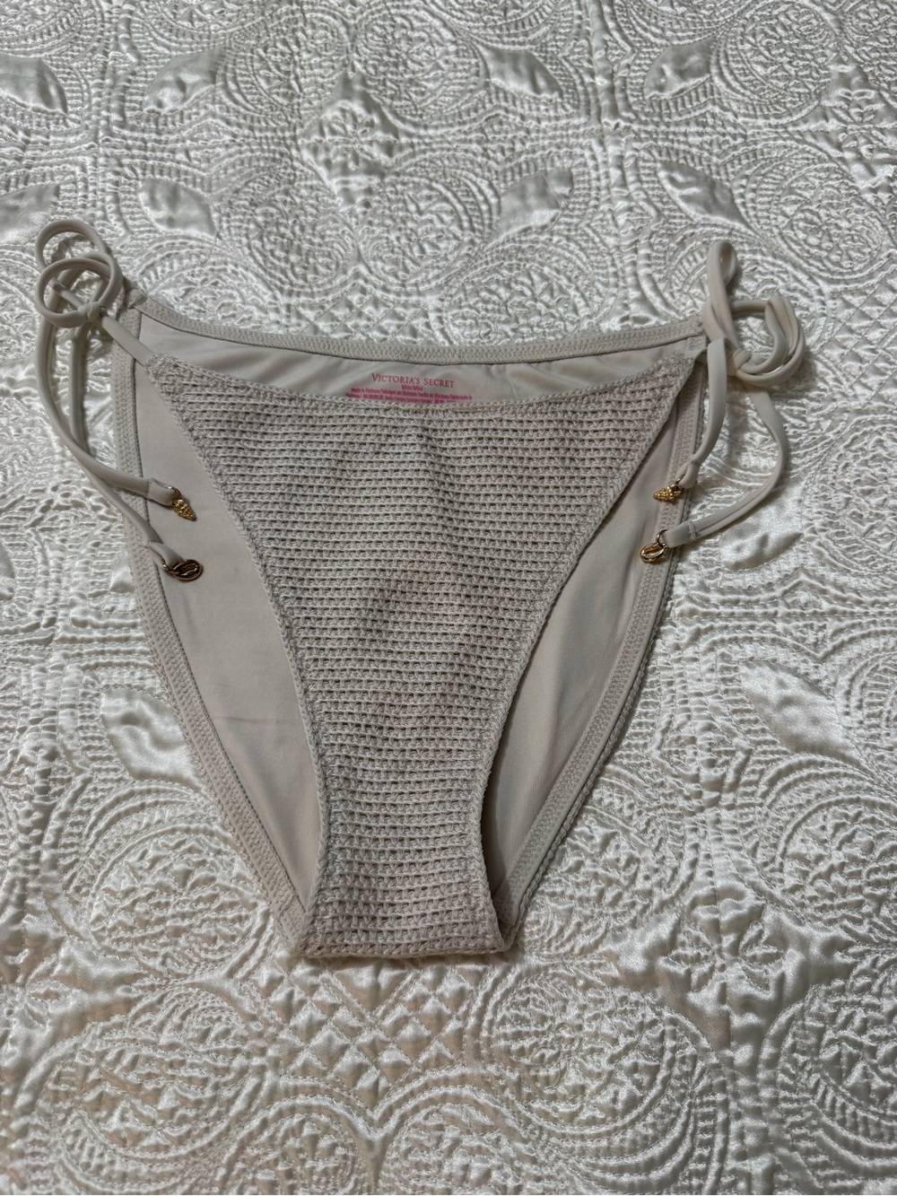 Victoria's Secret Cream Crochet Tie-Side Bikini Bottom with Gold Charms